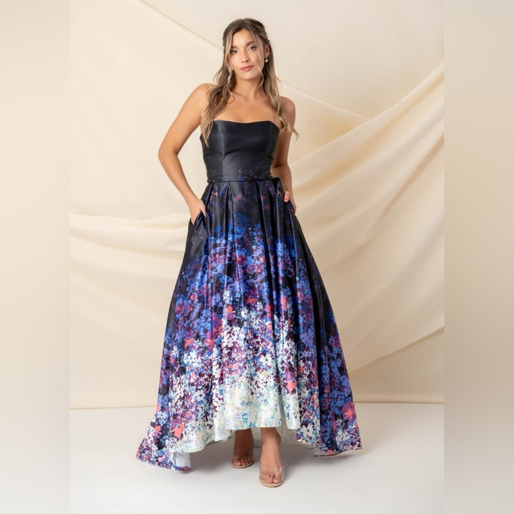 NWT Betsy & Adam Black Ombre Floral Strapless High Low Ball Gown Sz 10P